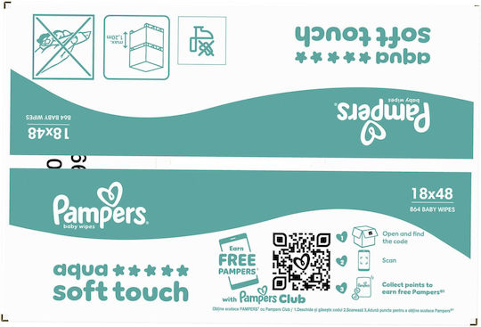 Pampers Aqua Soft Touch Hypoallergenic Baby Wipes with 99% Water, Fragrance Free, Alcohol-Free & Parabens Free 18x48pcs