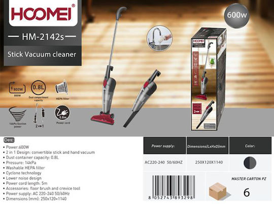 Hoomei Elektrisch 2-in-1 Staubsauger Stick & Handgerät 600W Gray
