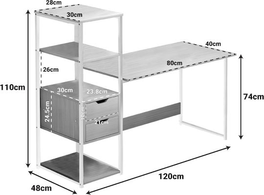 Desk Mood Wooden with Bookshelf White / Natural with Metal Legs 107x40x110cm