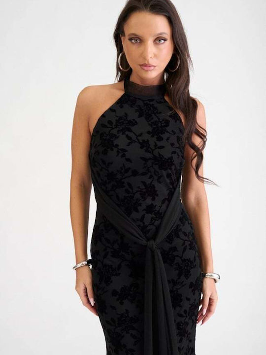 Maxi Evening Dress Shirt Dress Velvet Open Back Black