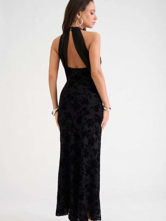 Maxi Evening Dress Shirt Dress Velvet Open Back Black