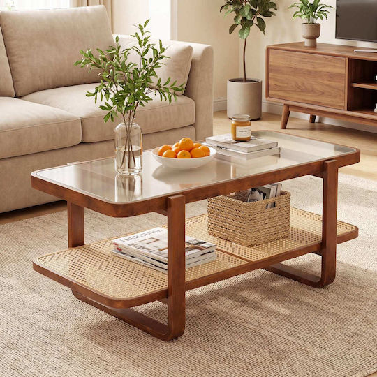 Rectangular Central Glass Coffee Table Walnut L105.41xW50.8xH45.72cm