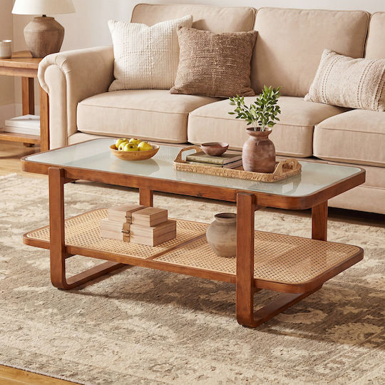 Rectangular Central Glass Coffee Table Walnut L105.41xW50.8xH45.72cm