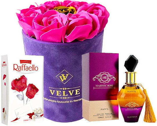 Set Femei Aranjament Floral Săpun Trandafiri În Cutie Catifea Mov Riiffs Parfum Majestic Rose Praline Raffaello Roz