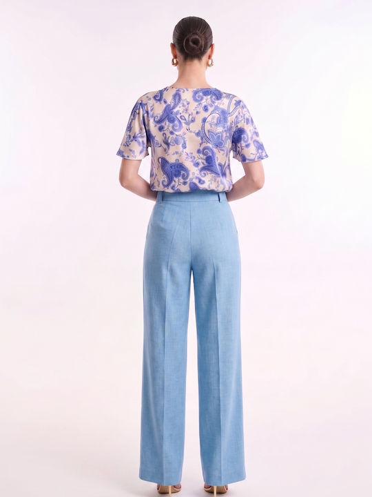 Pantaloni Largi Dama Din In Cu Elastic Talie Înaltă Bleu