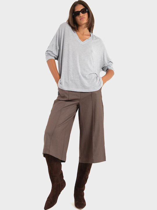 Damen Bluse mit 3/4 Ärmel & V-Ausschnitt Grau Melange