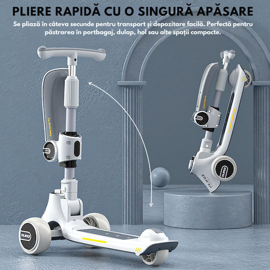 Qova Patin pentru copii pliabil cu 3 roți cu iluminare LED pentru 12 luni Alb