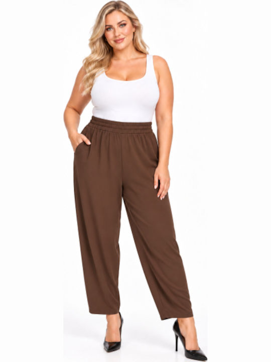 Women's Fabric Trousers with Rubber Band in Regular Fit Brown WH-41531-27TR-BROWN
