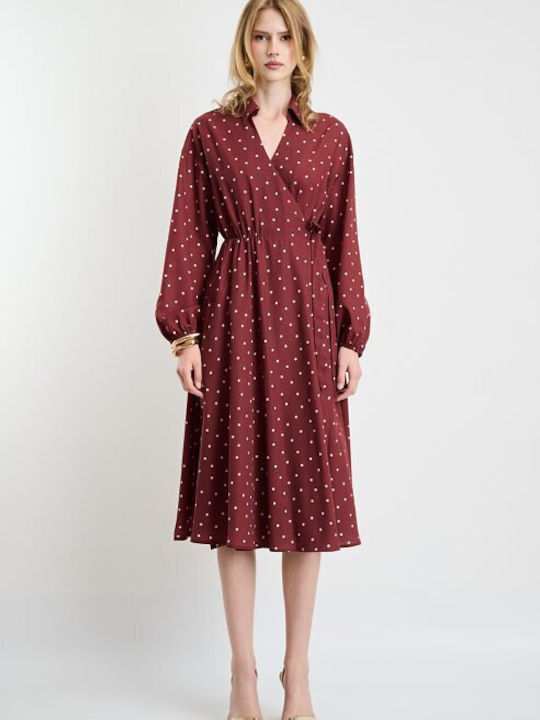 Rochie De Vară Midi Rochie-Cămașă Wrap-Around Burgundy