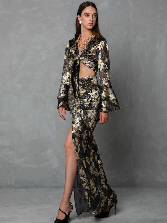 Ψηλόμεση Maxi Φούστα Floral Μαύρο