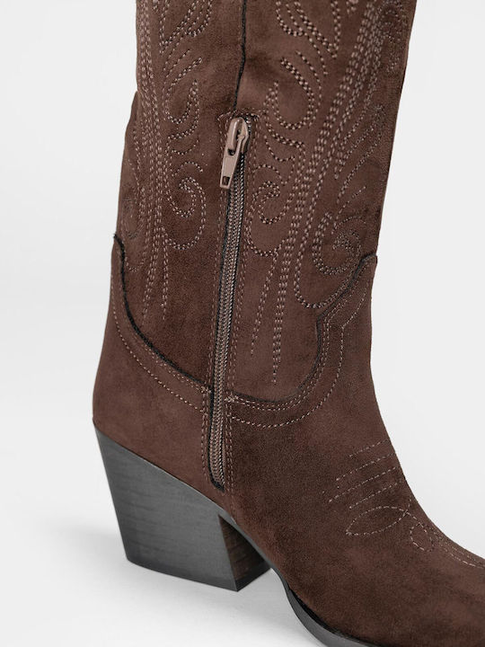 Wildleder Damenstiefel Cowboy mit mittlerem Absatz Braun
