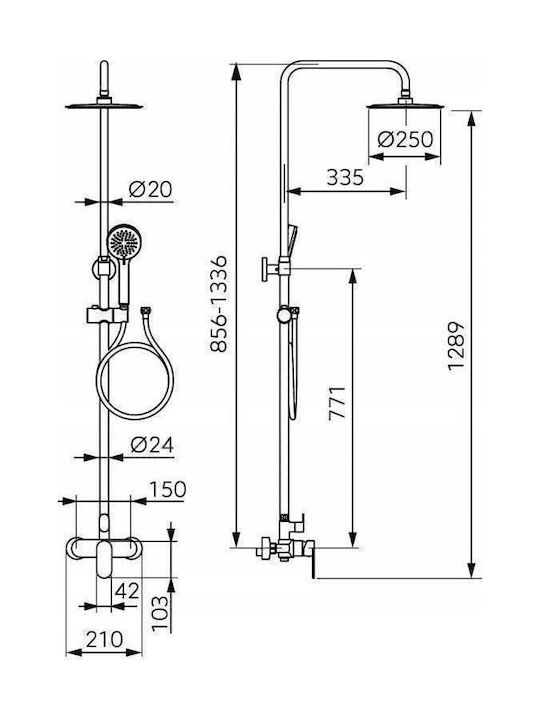 Ferro Adjustable Shower Column with Bathtub Mixer Silver