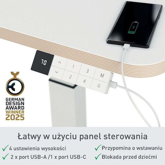 Електрическо Бюро Стъклено Бяло С Метални Крака И USB Портове 80x60x130см