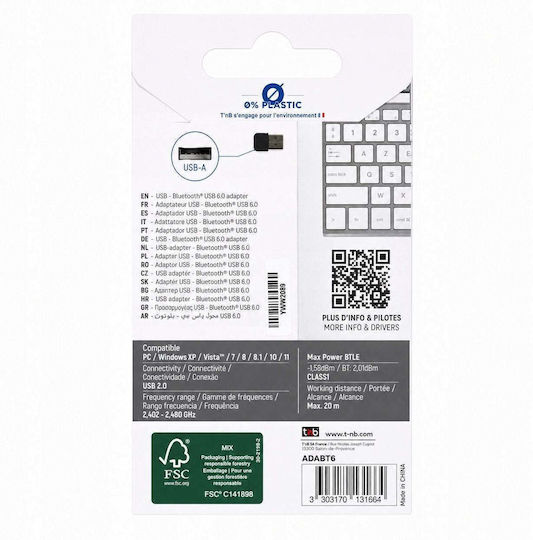 Tnb Адаптер Bluetooth 6.0 USB-A За PC Windows 11 10 8 7 Разстояние 20 M
