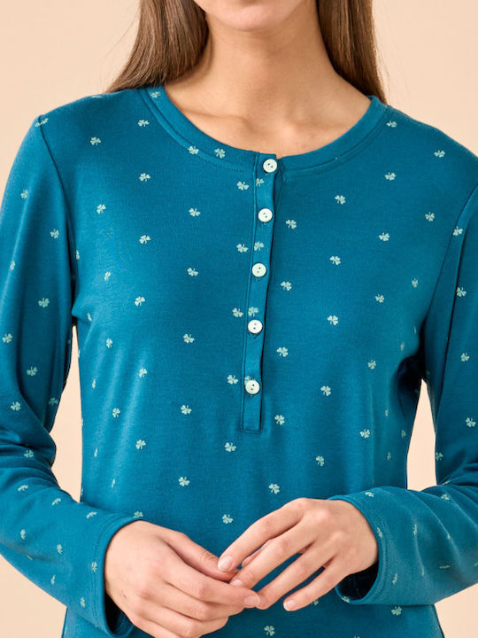 Noidinotte Winter Cotton Women's Nightgown Petrol Blue