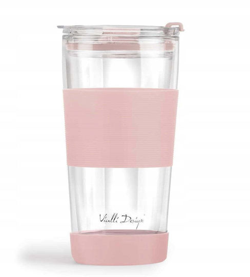 Vialli Design Thermos Glass Cup 600ml Pink with Straw and Handle