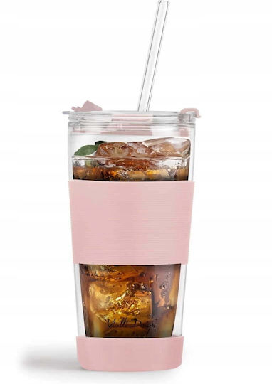 Vialli Design Thermos Glass Cup 600ml Pink with Straw and Handle