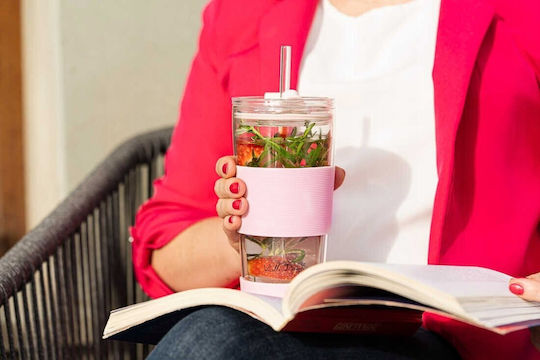 Vialli Design Thermos Glass Cup 600ml Pink with Straw and Handle