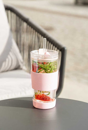Vialli Design Thermos Glass Cup 600ml Pink with Straw and Handle