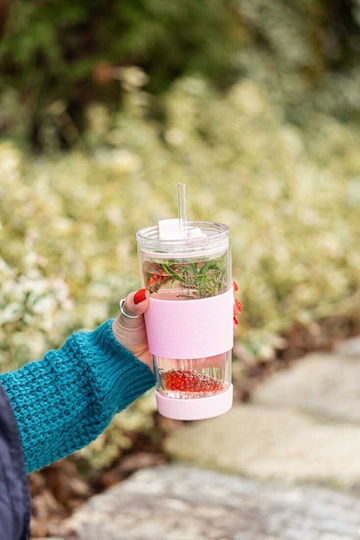 Vialli Design Thermos Glass Cup 600ml Pink with Straw and Handle