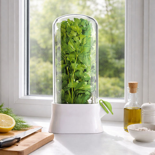 Suport Pentru Menținerea Prospetimii Plantelor În Frigider Recipient Cu Capac Transparent Sistem De Hidratare Pentru Păstrarea Prospetimii Plantelor Design Modern Pentru Bucătărie Reutilizabil Ușor De Utilizat 27x13 Cm Alb PriStyle