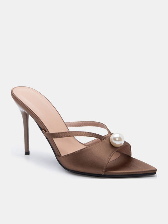 Satin Damen Pantoletten mit Hoch Absatz in Braun Farbe