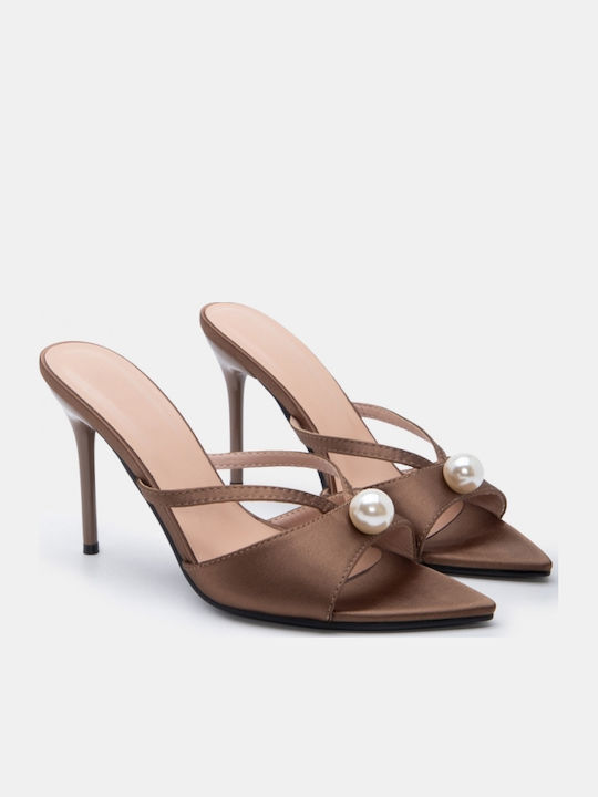 Satin Damen Pantoletten mit Hoch Absatz in Braun Farbe