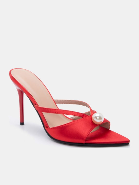 Satin Damen Pantoletten mit Hoch Absatz in Roter Farbe