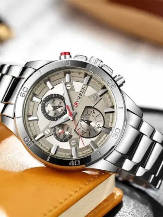 Curren Ανδρικό Ρολόι 45mm Χρονογράφος Μπαταρίας με Μεταλλικό Μπρασελέ Ασημί/γκρί