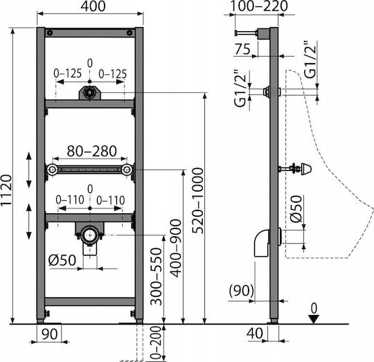 Alcadrain A107/1120 Wall Hung Urinal Mounting Frame Metal 1120mm