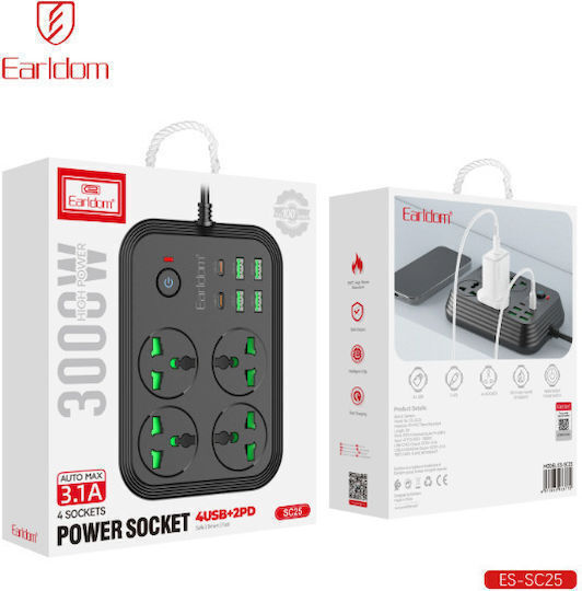 Earldom Power Strip Sc25 Eu 4 Sockets 4 USB-A 2 USB-C Cable 2m