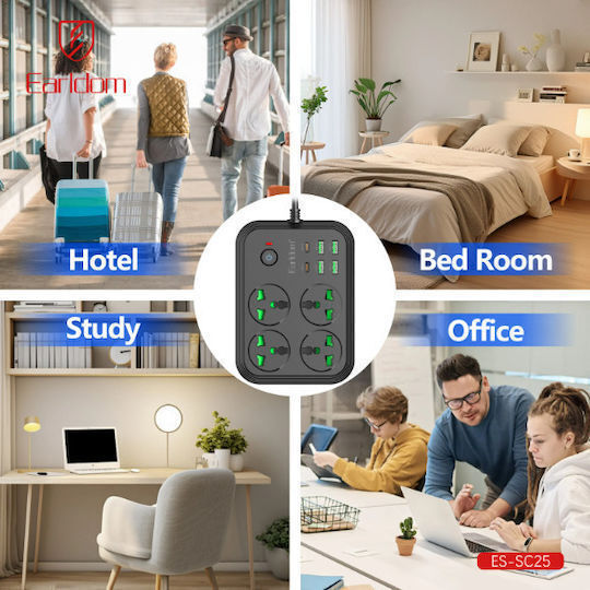 Earldom Power Strip Sc25 Eu 4 Sockets 4 USB-A 2 USB-C Cable 2m