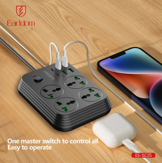 Earldom Power Strip Sc25 Eu 4 Sockets 4 USB-A 2 USB-C Cable 2m