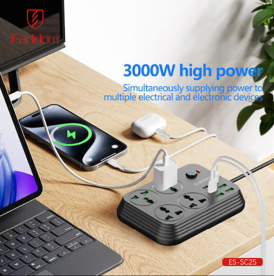 Earldom Power Strip Sc25 Eu 4 Sockets 4 USB-A 2 USB-C Cable 2m