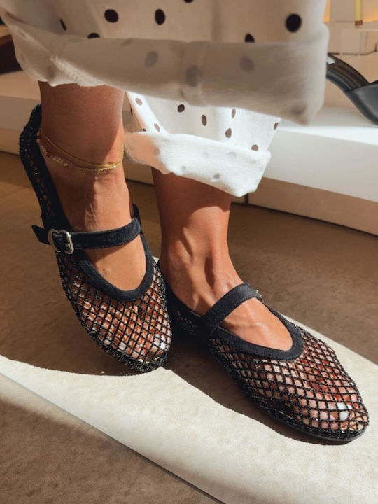 Damen Ballerinas Mary Jane mit Riemchen Schwarz