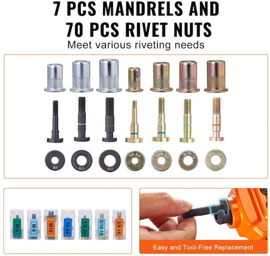 Vevor Rivet Tool Kit 14 Inch 7 Pieces Metric SAE Mandrels 70 Pieces Assorted Rivets 10-24 1/4-20 M6 5/16-18 M8 3/8-16 M10 Durable Carrying Case DIY Repairs