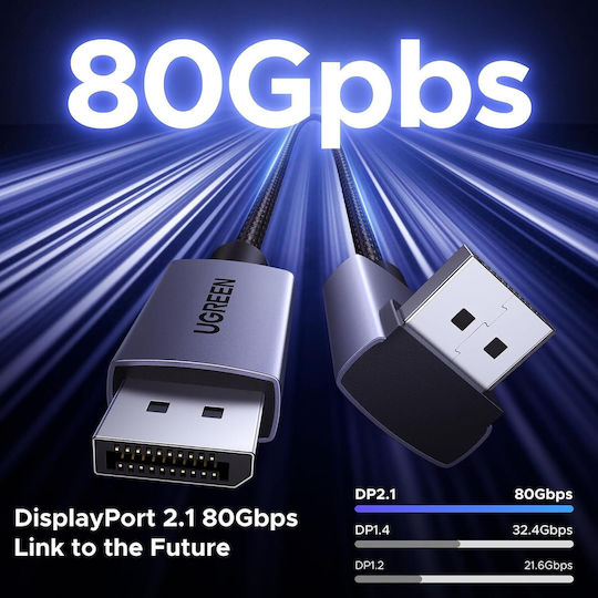 Cablu DisplayPort 2.1 2 m Conector la 90 de grade 80 Gbps 16k 60hz 8k 120hz 4k 240hz Textil împletit Ugreen