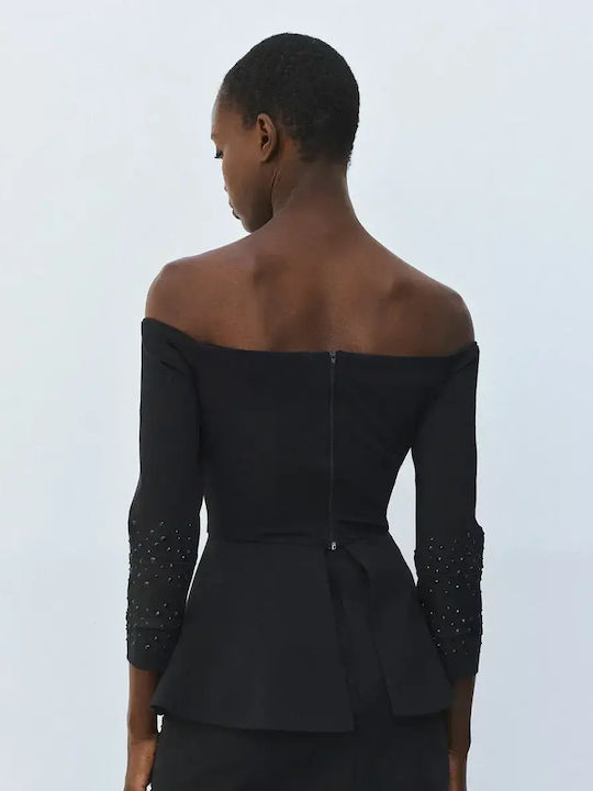 Women's Blouse Off-Shoulder Long Sleeve with Neckline Zipper Black