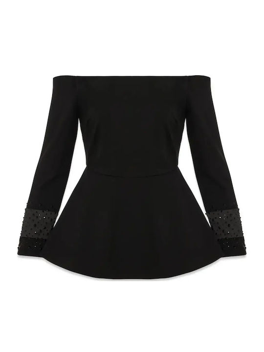 Women's Blouse Off-Shoulder Long Sleeve with Neckline Zipper Black