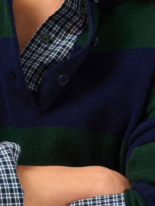 Women's Polo Blouse Long Sleeve Striped Blue-Green
