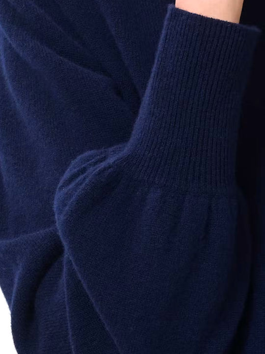 Bluza Damă Mânecă Lungă Pulover Lână Cu Guler Înalt Albastru