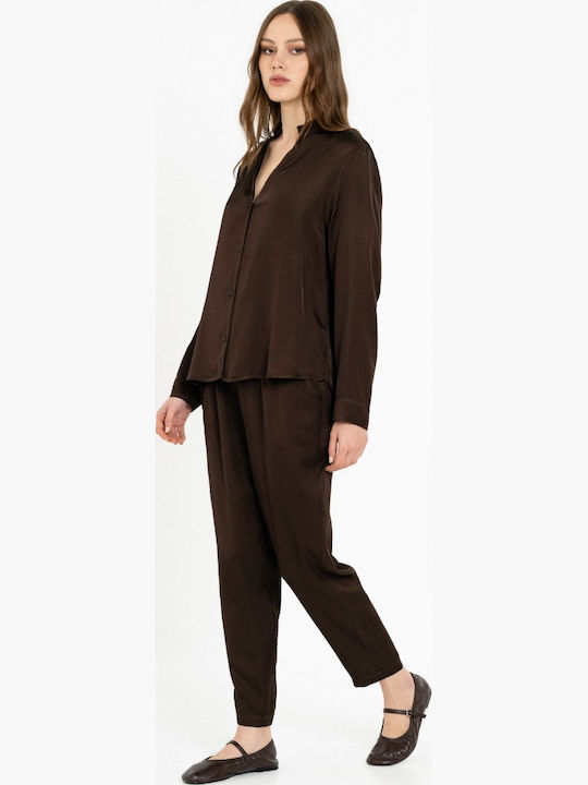Women's Satin Long Sleeve Brown Blouse