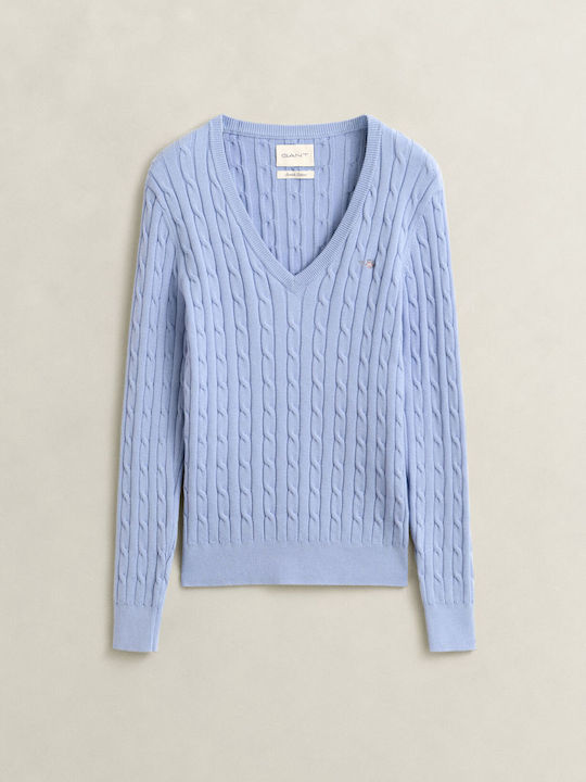 Cable Women's Cotton Sweater with V-Neck Light Blue