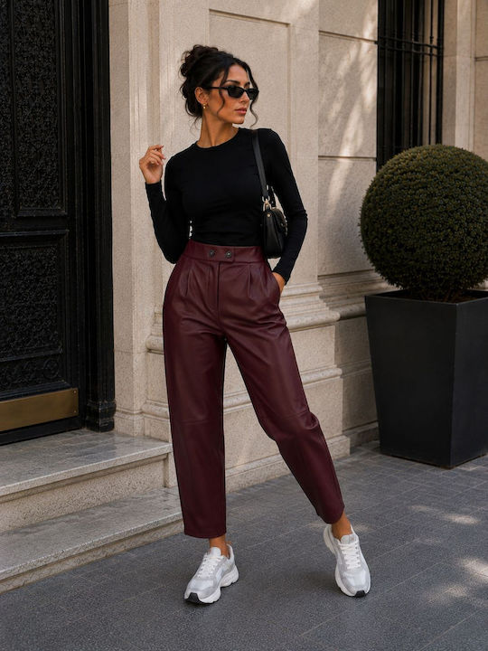 Damen Lederhose mit Gummiband in Schlanke Passform Burgundisch