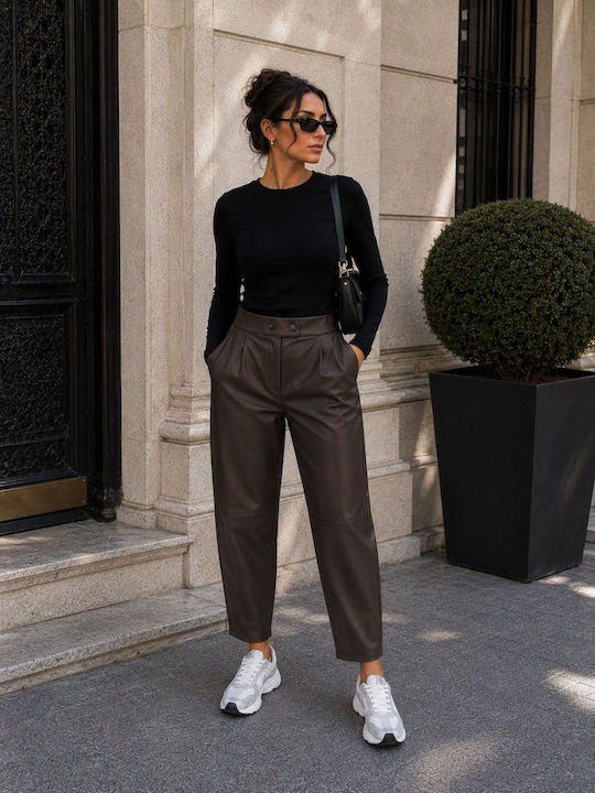 Damen Hochbund Leder Hose mit Gummiband in Schlank Passform Braun