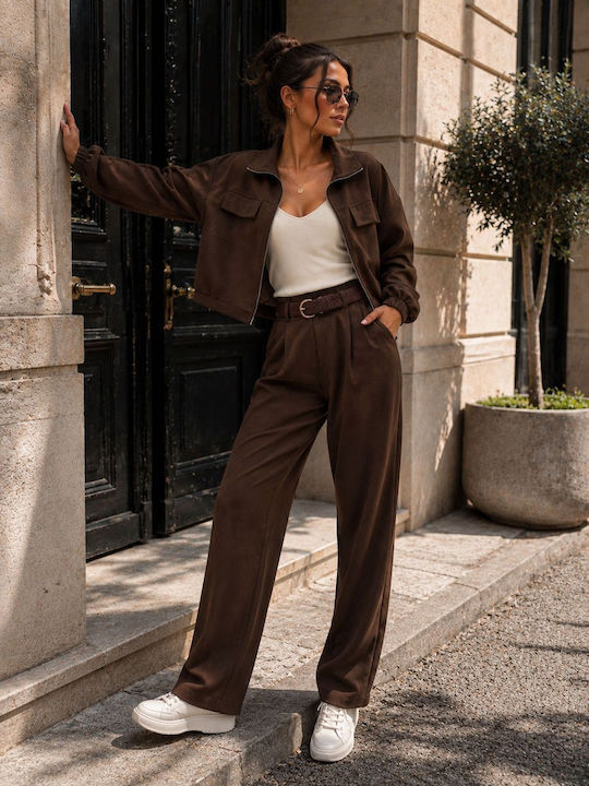 Damen Braunes Satz mit Hochbund Hose in Loose Passform