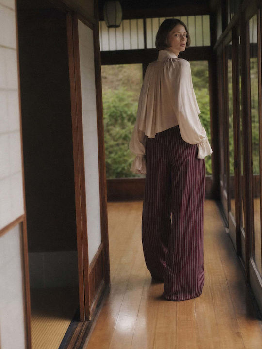 Women's Fabric Trousers with Rubber Band Striped Burgundy