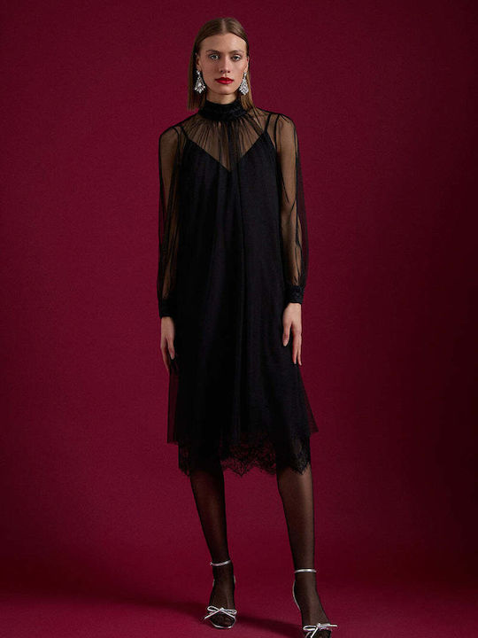 Evening Dress with Mesh Black