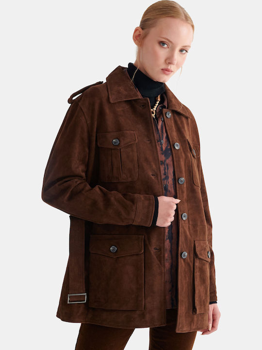 Suede Women's Jacket for Winter Brown