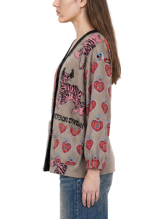 Lang Gestrickte Damen Strickjacke mit Knöpfen Schwarz-Beige-Rosa
